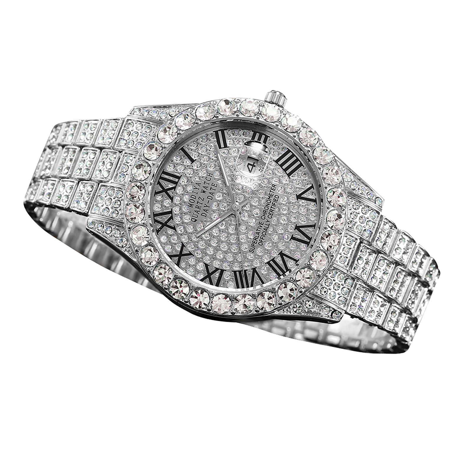 

Часы с календарем из водного бриллианта и бриллиантами, римская шкала, стальной ремешок из сплава, мужские часы One Size