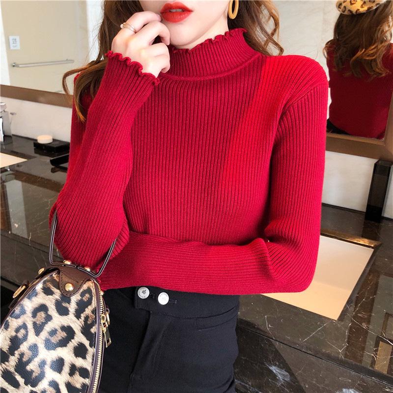 Women's Ruffle Half High Neck Long Sleeve Sweater - Early Spring & Autumn Style