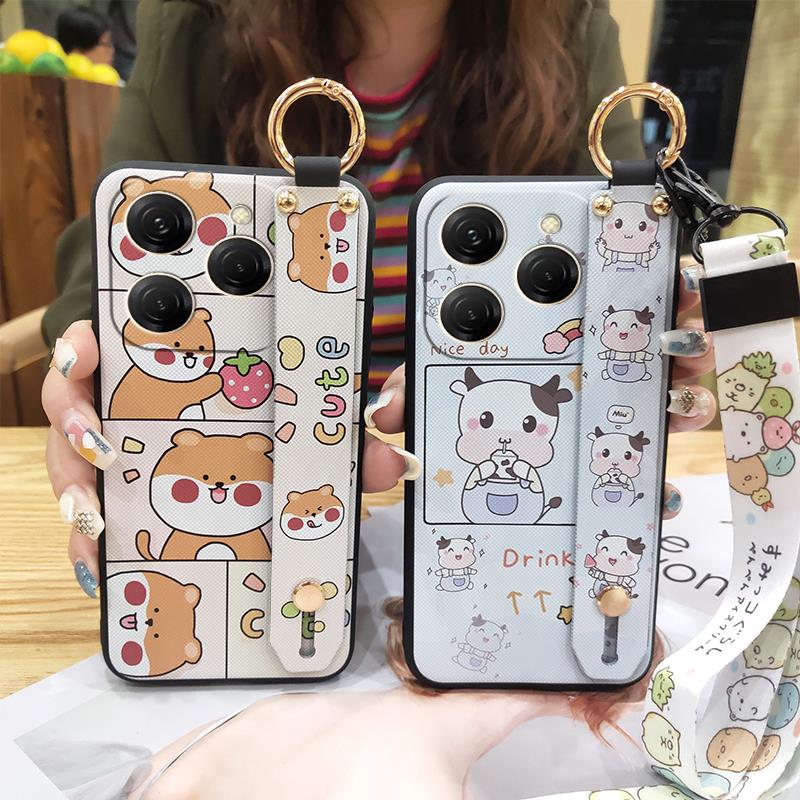 Wrist Strap Kickstand Phone Case For Tecno Spark20 Pro/KJ6 Durable Cute Silicone Anti-dust Back Cover Lanyard Soft case