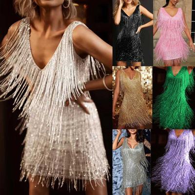 Women Homecoming Dresses Tassels V NeckShort Sleeveless Slim Bodycons  Dress
