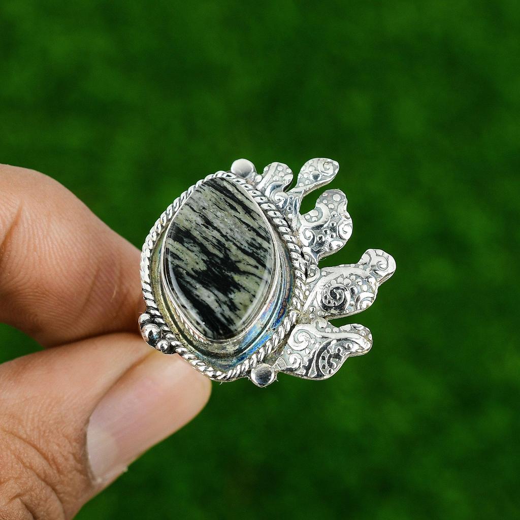 Gift For Women Promise Adjustable Ring 925 Silver Natural Silver Leaf Jasper