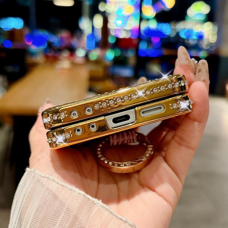 Glitter Diamond Frame Plating 2pcs Phone Case For Samsung Galaxy Z Flip6 Flip5 Flip4 Flip3 Luxury Leather Shockproof Metal Ring Hard PC Folding Cover