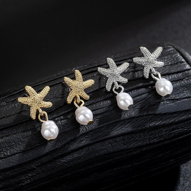 Boho Starfish Pearl Drop Earrings for Women Exquisite Retro Dangle Earrings Summer Seaside Vacation Style Versatile Jewelry Gift