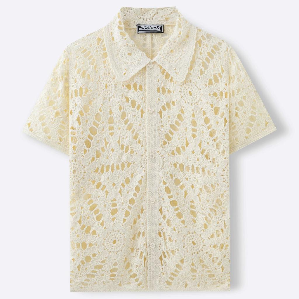 Camicie Casual da Uomo a Maniche Corte in Maglia con Bottoni e Lavorazione ad Uncinetto Vuota Top per Vacanze Estive Vintage in Maglia Camicie da Golf e da Spiaggia con Colletto Top per Uomo