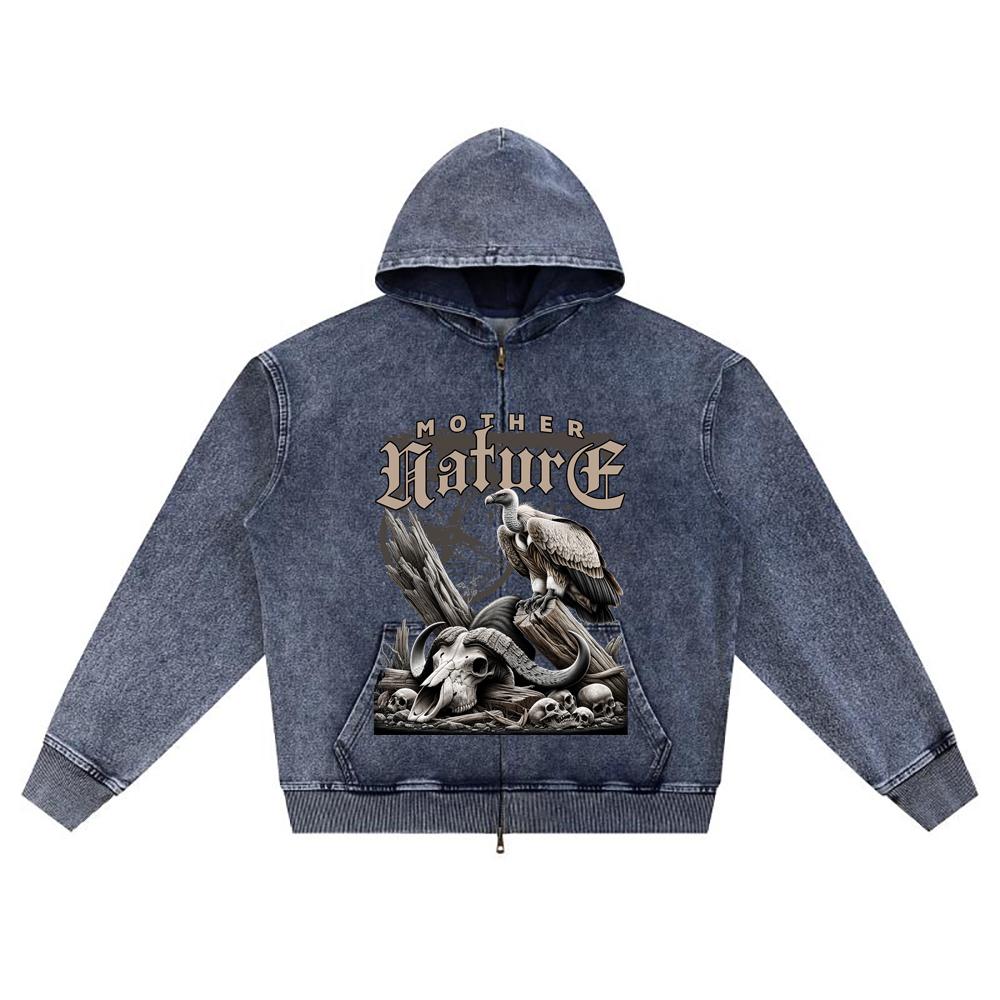 

DTG print Knitted Denim Zip-Up Hoodie Mother Nature Brother Print Zipper Hoodies XL темно-синий