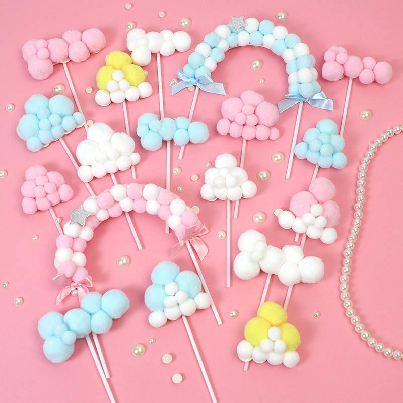 Pom-pom & Star Cake Toppers with 3D Clouds - Festive Birthday Table Decor