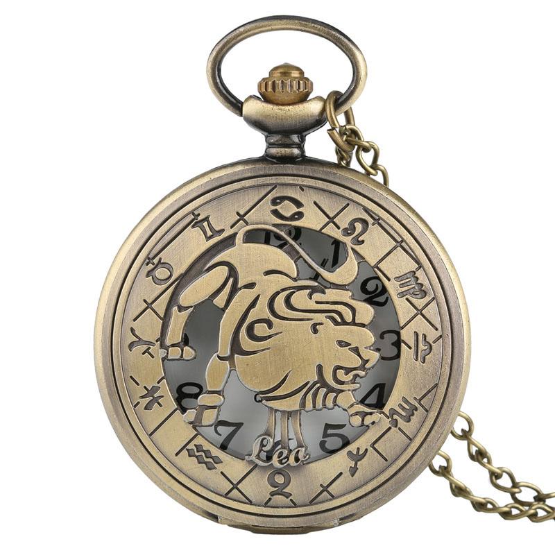 12 Constellation Astrology Zodiac Retro Pocket Watch Bronze Necklace Pendant Mens Women Hollow Flip Cover Quartz Christmas Gifts