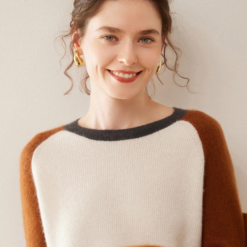2025 Autumn/Winter Women's Color Block Cashmere Round Neck Loose Knit Sweater