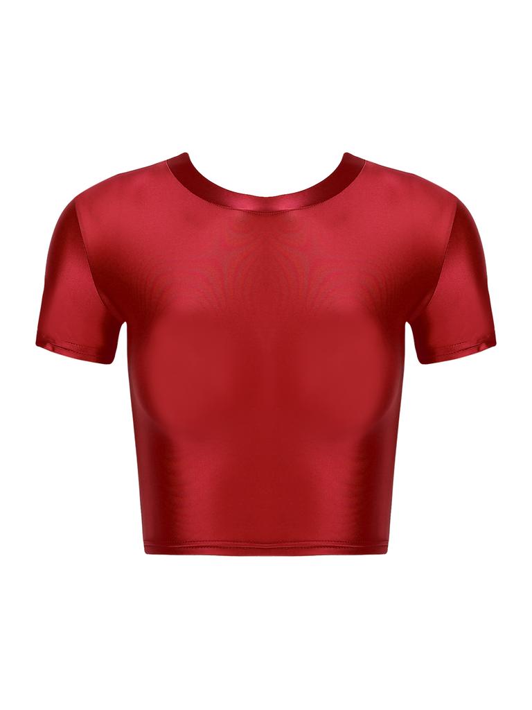Womens Solid Color Short Sleeve Crop Top Sportswear Swimwear Top