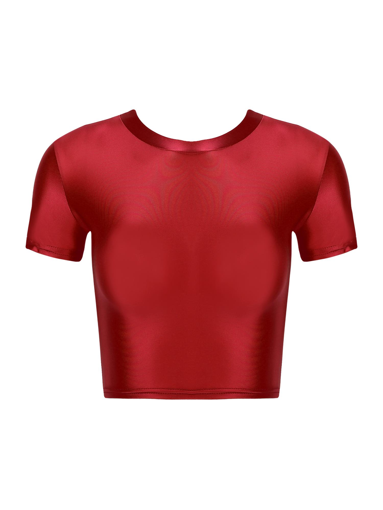 

Жіночий приталений кроп-топ з коротким рукавом та круглим вирізом, еластичний спортивний топ XL бордовий