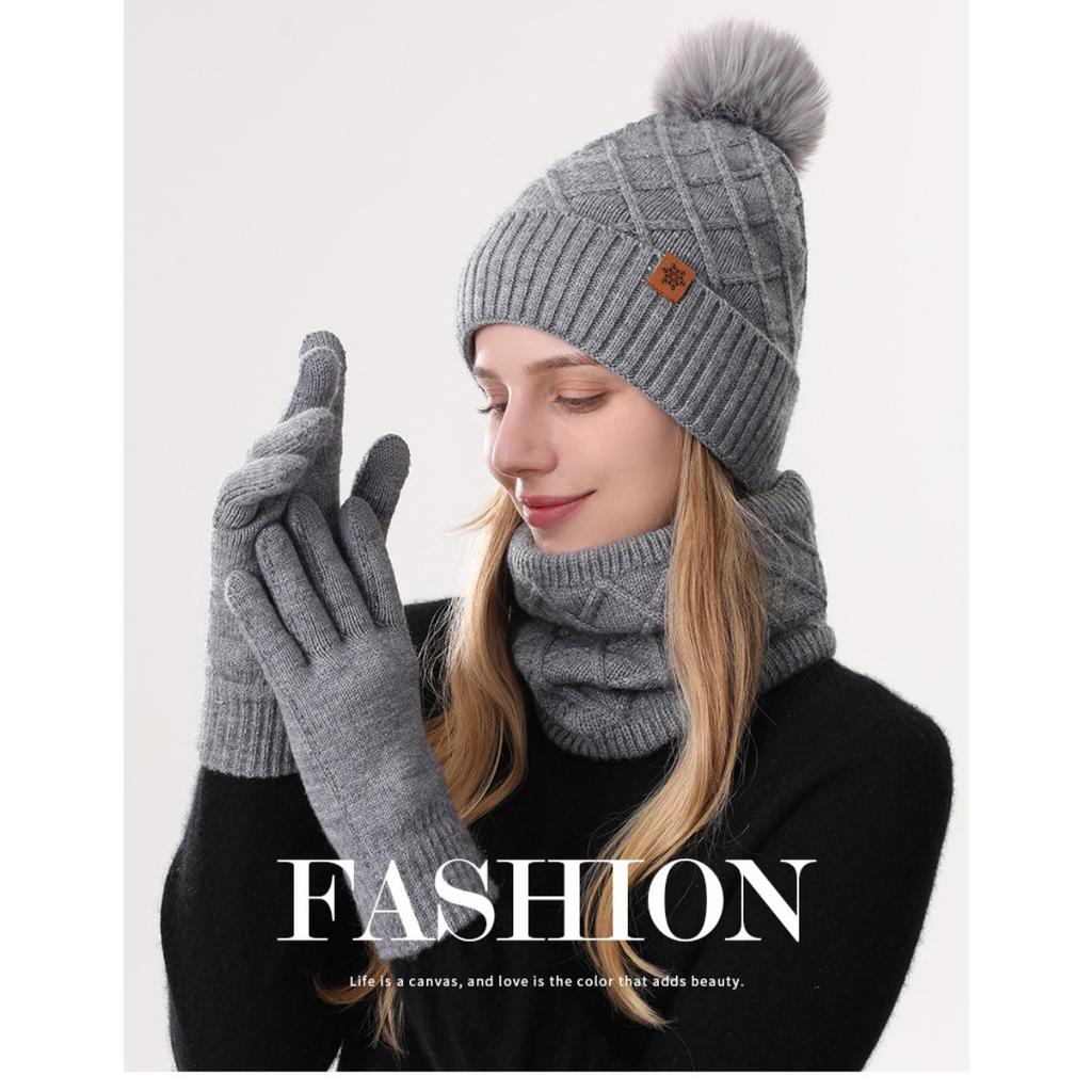Knitted Hat, Ladies', Cold Hat, Double-layer, Scarf, Outdoor, Warm Hat, Knitted Hat, Gloves, Three Piece Set