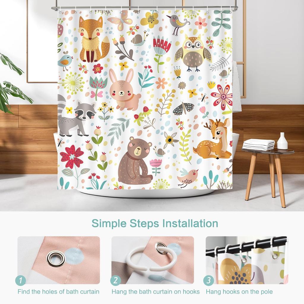 Cute Forest Animals Shower Curtain Fox Rabbit Bear Deer Owl Cartoon Design Kids Bathroom Decor Waterproof Fabric Fun Art Home