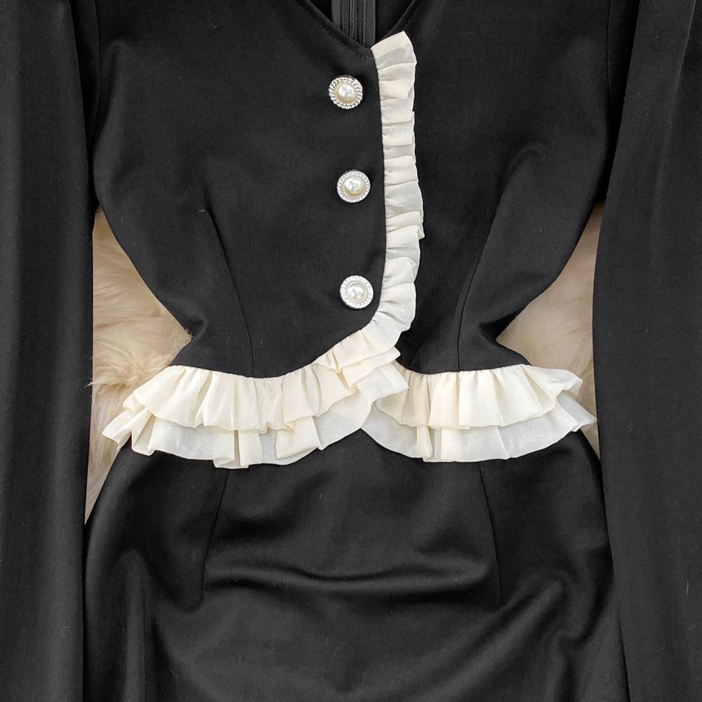 Spring Autumn Women Ruffles Patchwork Slim Bodycon Pencil Dress Fall Vintage Black Long Midi Party Dresses