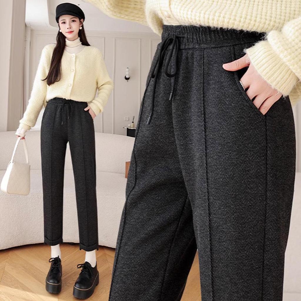 Women's High Waist Fleece Lined Woolen Warm Carrot Pants