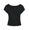 Summer New Spice Girl Style Solid Color Dark V-neck Slim-fitting Cross-elastic Short Slim Short-sleeved Bottoming Shirt T-shirt