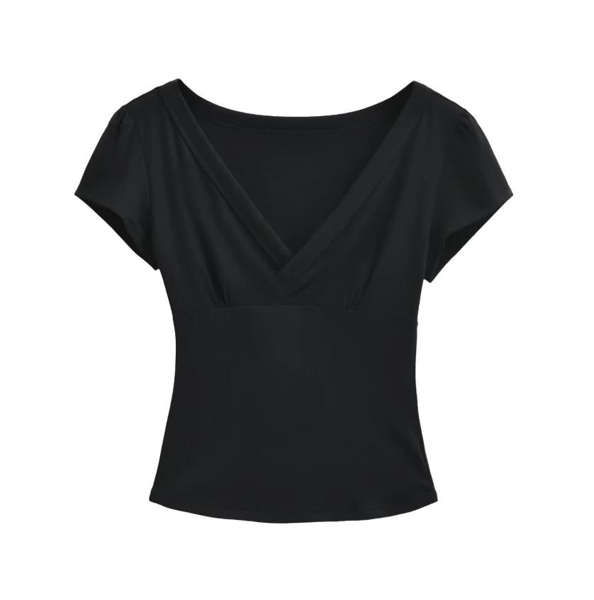 Summer New Spice Girl Style Solid Color Dark V-neck Slim-fitting Cross-elastic Short Slim Short-sleeved Bottoming Shirt T-shirt