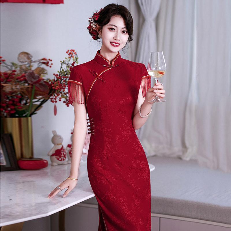 Red national style new Chinese long improved cheongsam 1011 new women's high-end bridal engagement dress toasting clothes