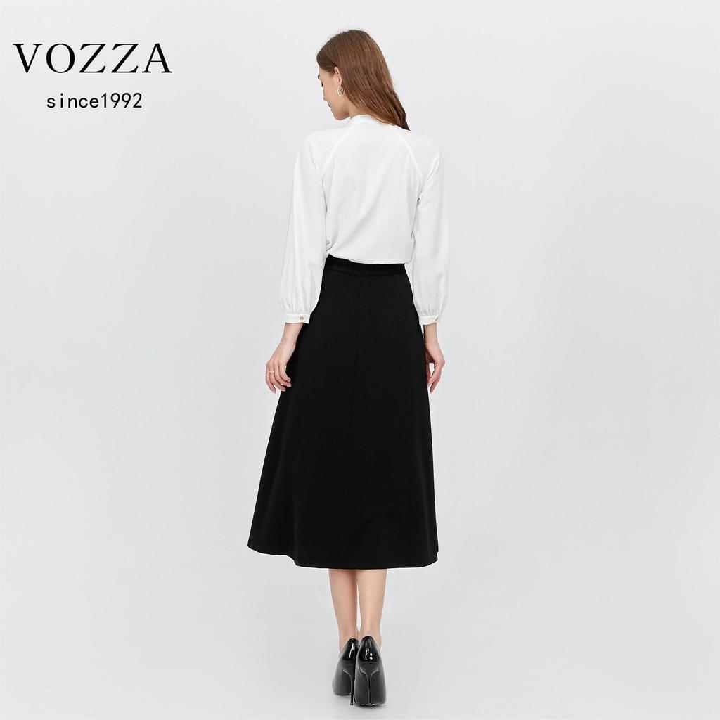 VOZZA Flared Skirt with Elastic Circular Midi Solid Sizes Black Women's Midi-Length Waist, A-Line, Below-the-Knee, High-Waisted, Skirt, Length, Lined,