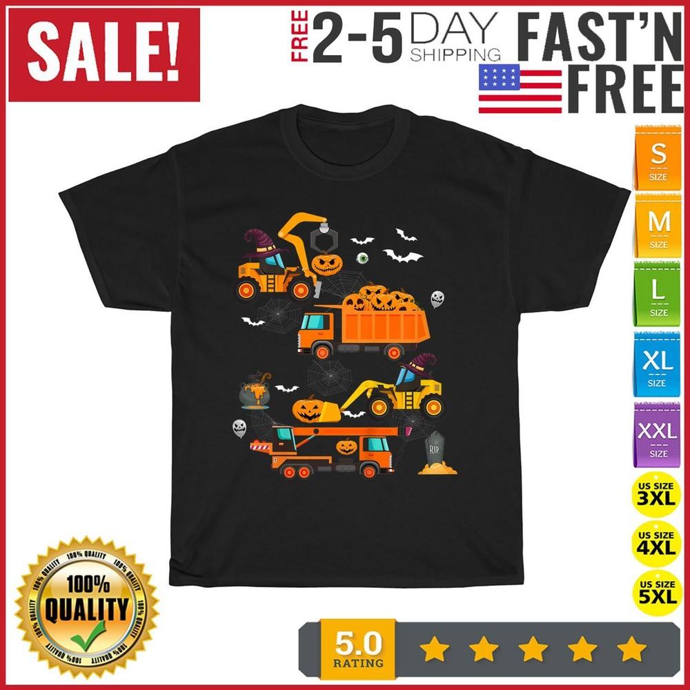 Construction Vehicle Halloween Crane Truck Pumpkin Vintage T Shirt Men Women Kid