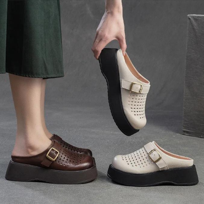Johnature Sandales pour femmes, semelles épaisses, bout rond, ajourées, respirantes, en cuir véritable