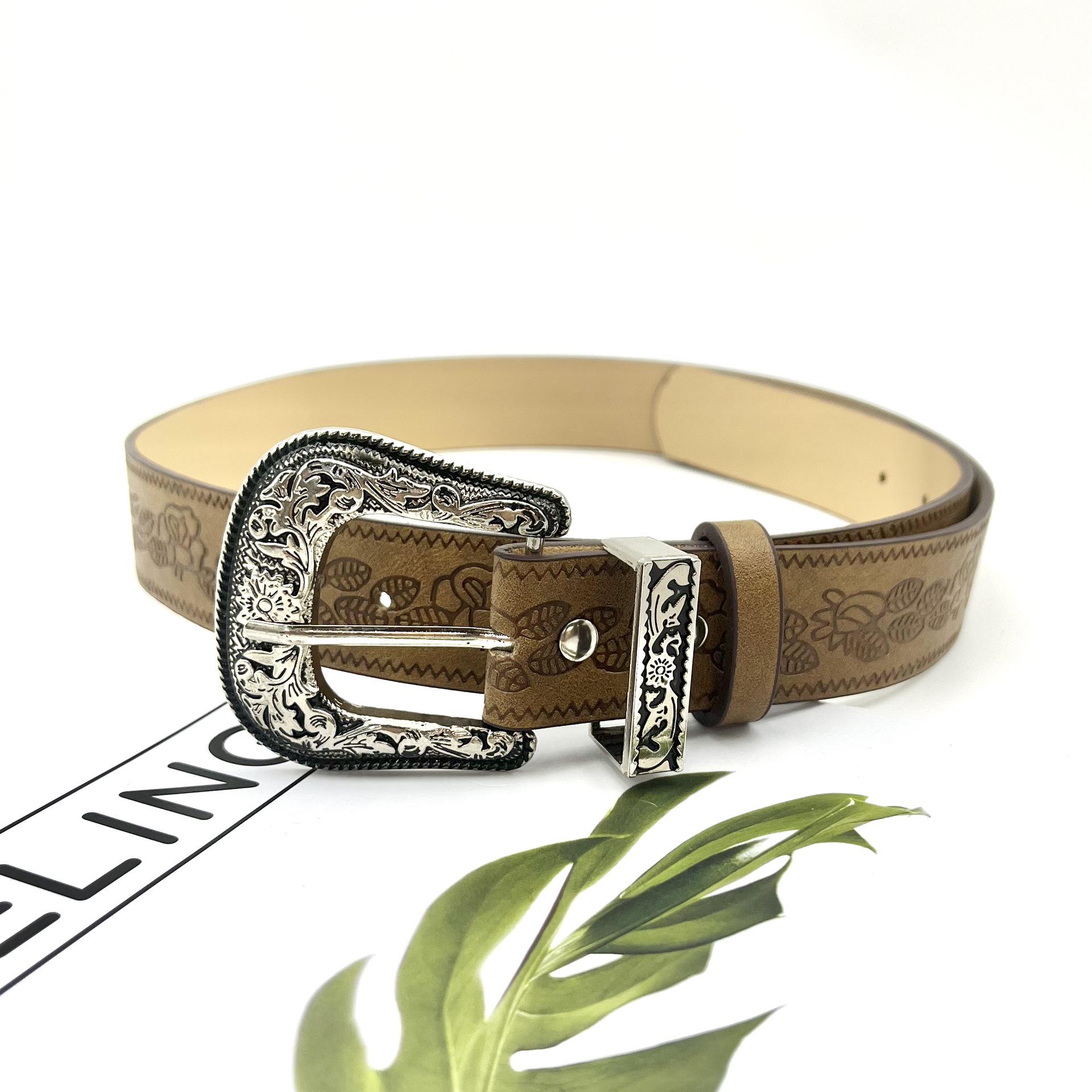 

Unisex European & American Style Brown Textured PU Leather Belt with Special Print and Pin Buckle 103cm x 3.2cm