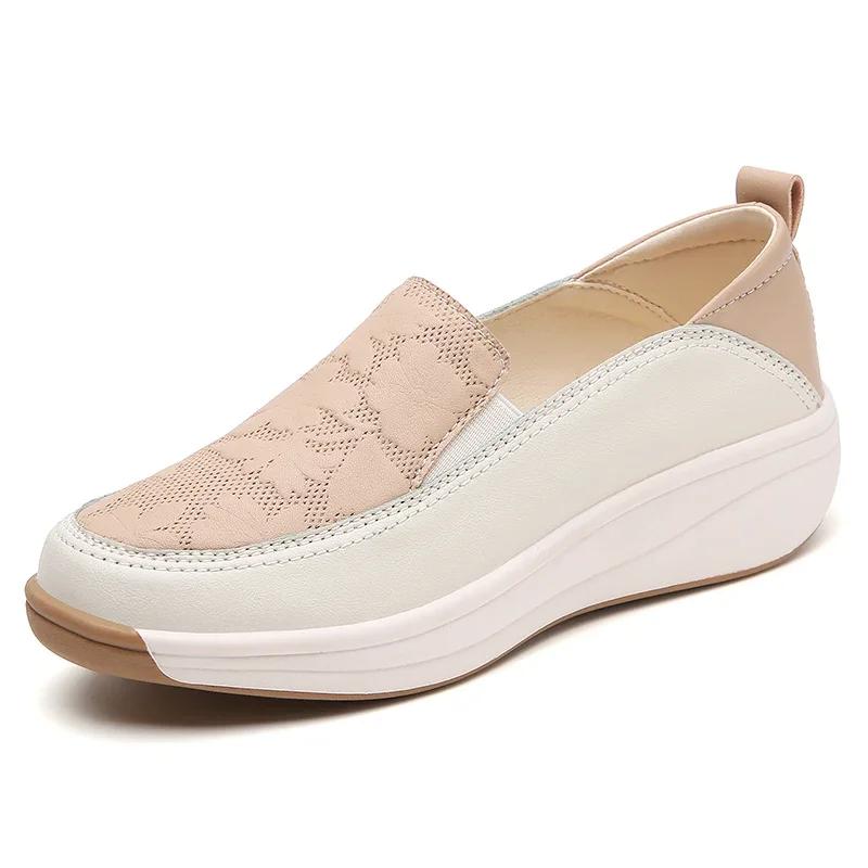 Fashion Spring Shoes for Women Fashion Thick Sole Slip-on Loafers Ladies Leather Hollow Casual Shoes Breathable Light Platform Sneakers