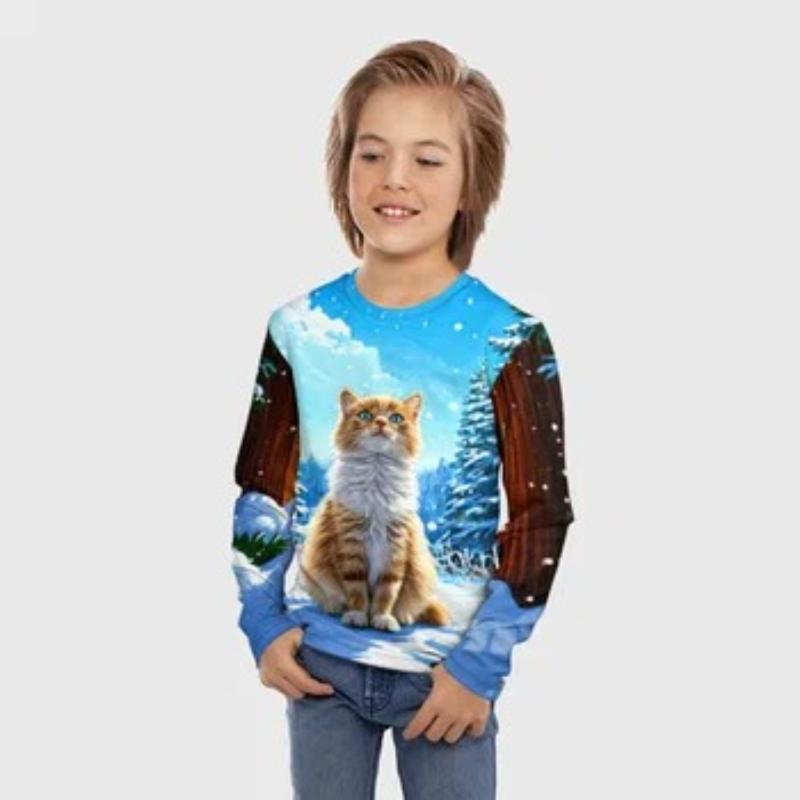 Children's Tie Dye Cartoon Kitten Print T-shirt Boys Cute Long Sleeved Soft Comfortable Top