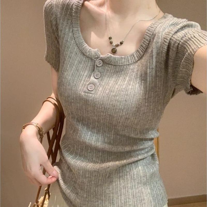 Korean-style Square-neck Knitted Short-sleeved Women's Summer Fitted Button-up Top