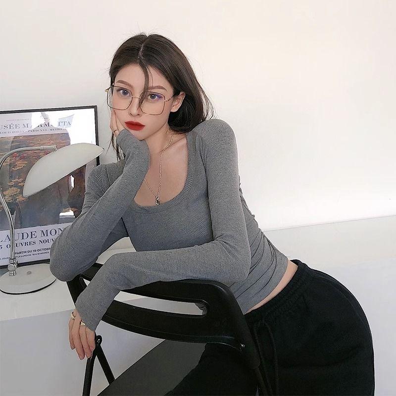 Černá základní košile Basic Nízký střih Dlouhý rukáv Přiléhavé Tričko s výstřihem do U Podzim/zima Dámský top