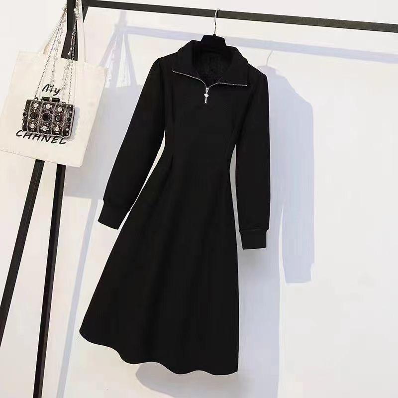 

Женское платье-свитер на молнии в корейском стиле больших размеров - плотный бархат, однотонный, повседневная длинная юбка на осень/зиму L (100-115 jin)