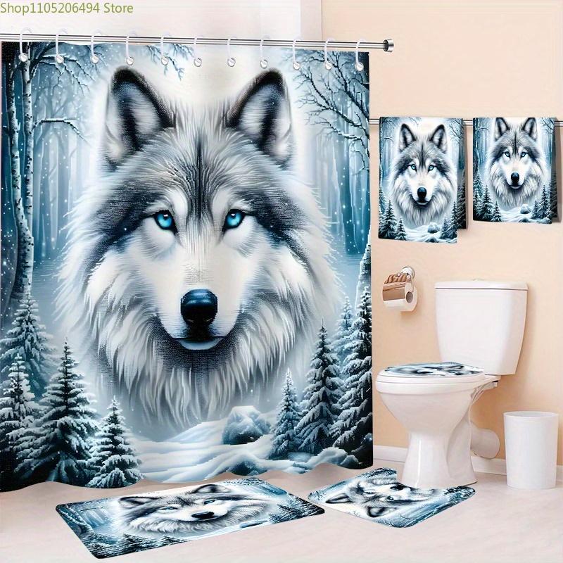 1pc/2pcs/4pcs/6pcs Wolf & Forest Shower Curtain Set with 12 Hooks, Toilet Covers, Seat Bath, 2pcs Ultra-Soft Bath Towels, Quic