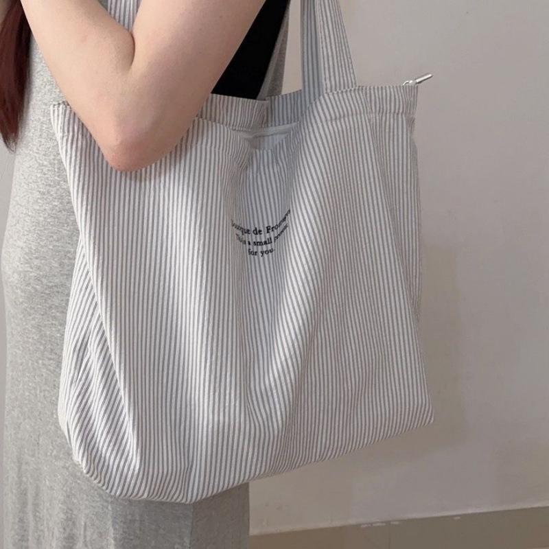 Women Shoulder Bags Casual Simple Striped All-Match Chic Commuting Korean Style Canvas Large Capacity Shopping College