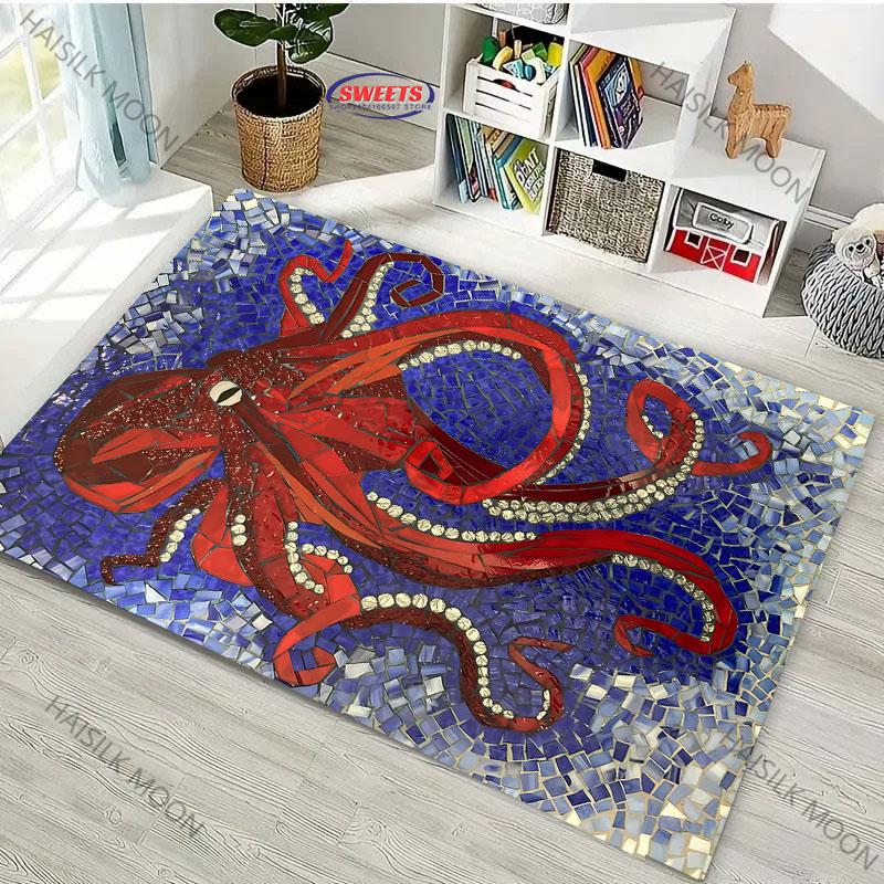 Japanese Octopus Painting Area Rug Non Slip Carpet for Bedroom Living Room Office Unique Floor Mat Home Decor