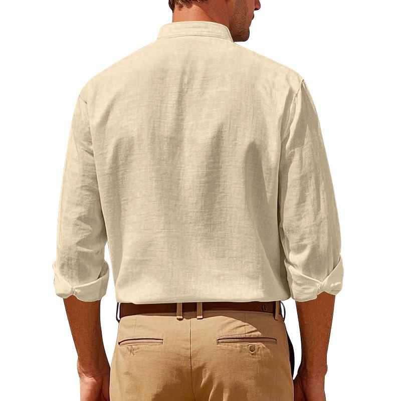 Linen Shirt with Long Sleeves and Stand Collar Breathable Casual Men's New Chinese-Style Pocket Shirt