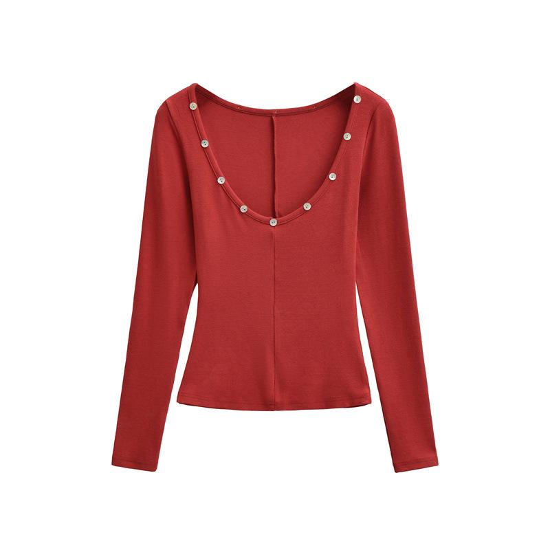 Spicy Girl Sexy Low Neck Long Sleeve T-shirt - Spring Stylish Slim Fit Solid Color Women's Top