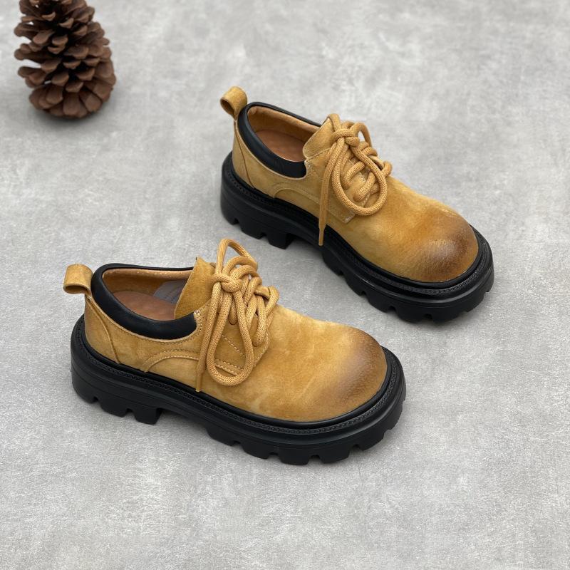 New Retro Shoes, Thick-soled Casual Lace-up Soft Leather Round Toe Shoes for Women