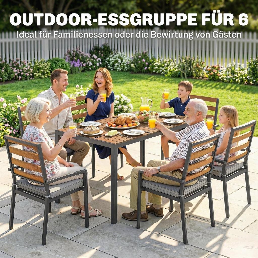 7-Piece Seating Set Garden Furniture Set, Garden Set with 1 Dining Table, 6 Chairs, Cushions, for Patio, Natural Wood