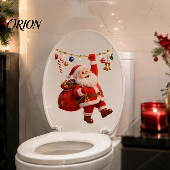 Decorative Glass Stickers for Christmas Cartoon Santa Claus Toilet Seat Sticker, Waterproof PVC & Colorful Wall Lights Decal, Removable Lid