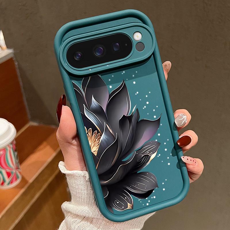 Black Rose Lotus Flower Pattern Phone Case For Google Pixel 8 7 Pro 8A 9 Pro XL Candy Color Soft TPU Silicone Shockproof Cover For Pixel 9 8 7 Pro
