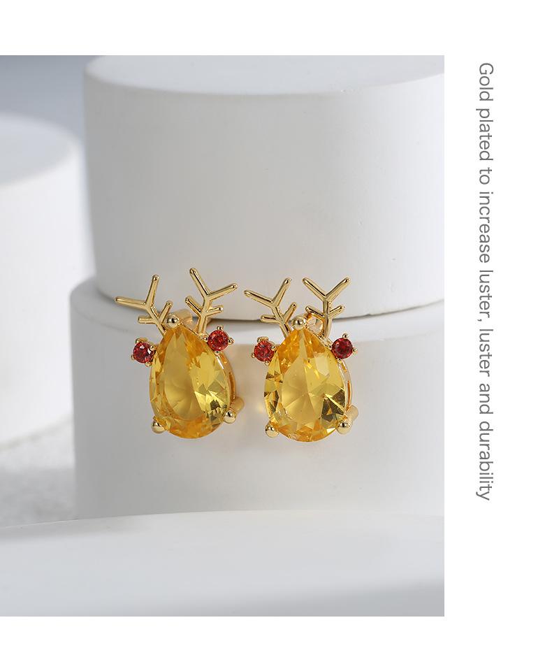 E0532 Christmas Reindeer Zircon Stud Earrings, Women's Gold-Plated Copper, European and American Festive Style.