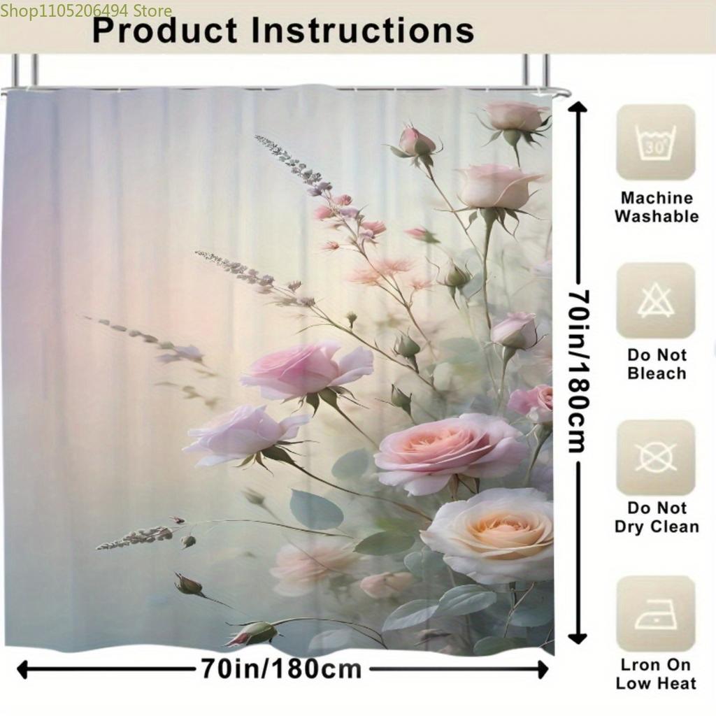 1 Stück Weiche Pastellrosa Florale Polyester Duschvorhang - Waschbar, Aufhängen ohne Bohren, Maschinenwaschbare Badezimmerdeko mit Lebhaftem Pi
