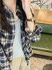 Women's Korean Retro Plaid Shirt Jacket - Dark Blue, Long Sleeve, Loose Fit for Autumn/Winter