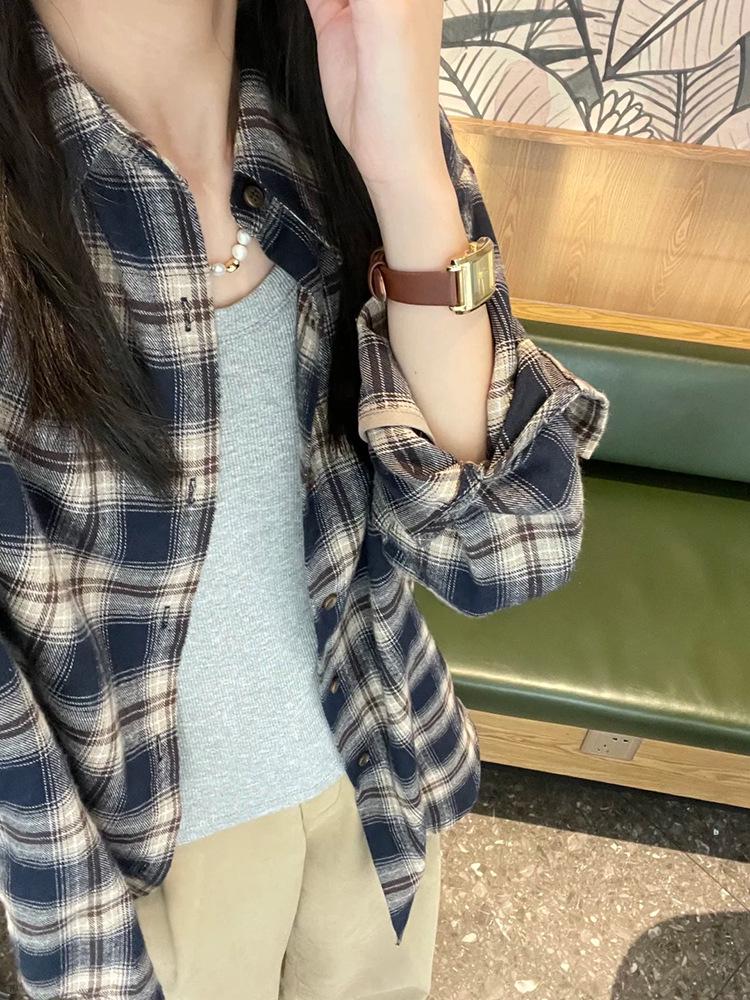 Women's Korean Retro Plaid Shirt Jacket - Dark Blue, Long Sleeve, Loose Fit for Autumn/Winter