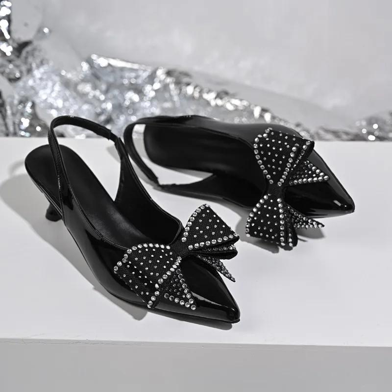 2025 New Pointed Toe Women's Slingbacks High Heels Crystal Bow Tie Thin Heels Slip On Pumps for Plus Size Elegant Dress Sandals