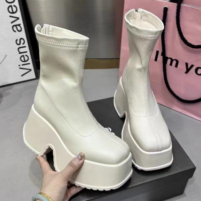 Bottes pour femmes à talon carré chunky en cuir stretch noir, à plateforme, fermeture éclair arrière, style punk, bottines de moto, chaussures à talons hauts pour femmes