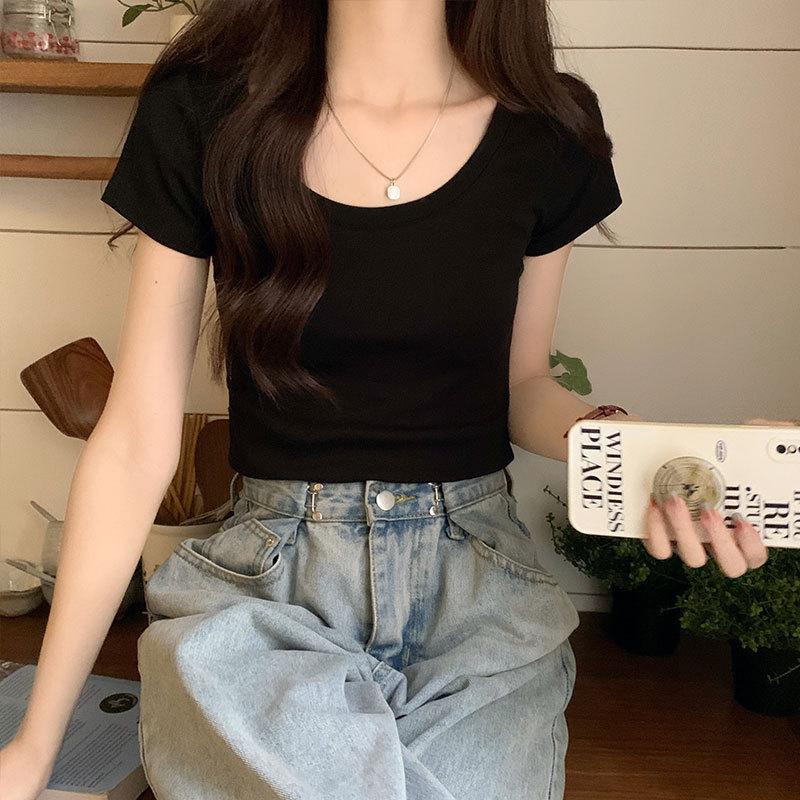 American Shoulder Short Sleeve U-neck Short T-shirt Women's Summer Slim Slim Slim Hot Girl Crop Top High-waisted Student Top