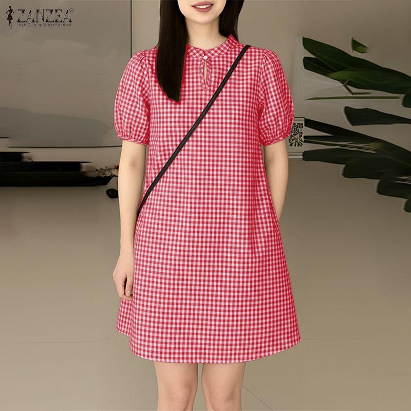 ZANZEA Women Casual Stand Collar Short Sleeve Loose Grid Print Dress