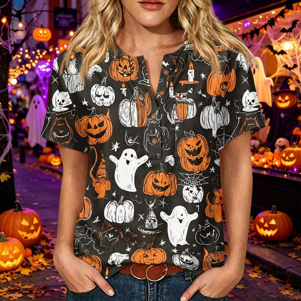 Womens Halloween Print V Neck Button Detail Short Sleeve Top Casual Loose Fit Three Quarter Sleeve T Shirt