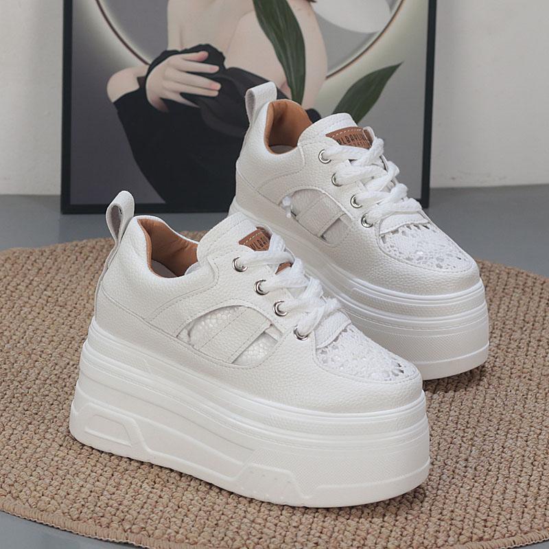 Fashion 12CM Air Mesh Genuine Leather Women Casual Platform Wedge Hidden Heel Summer Shoes Chunky Sneakers Fashion Hollow Sandals