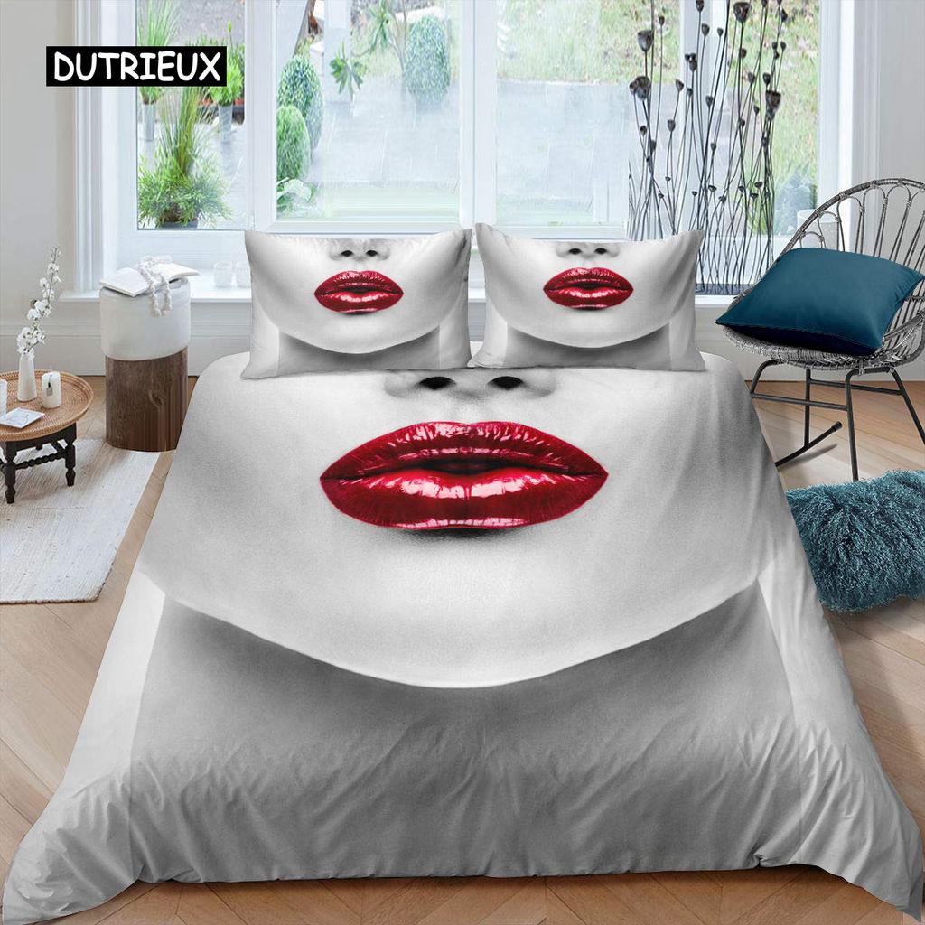 Lip Duvet Cover Pink and Gray Lips Kissing Pattern Comforter Cover Sexy Theme King Size Twin Bedding Set for Women Girls Lovers